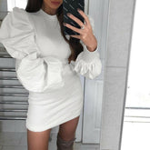 WomenKnit Bodycon Sweater Dress Long Puff Sleeve Autumn Winter Ladies Casual Long Jumper Pencil Dresses